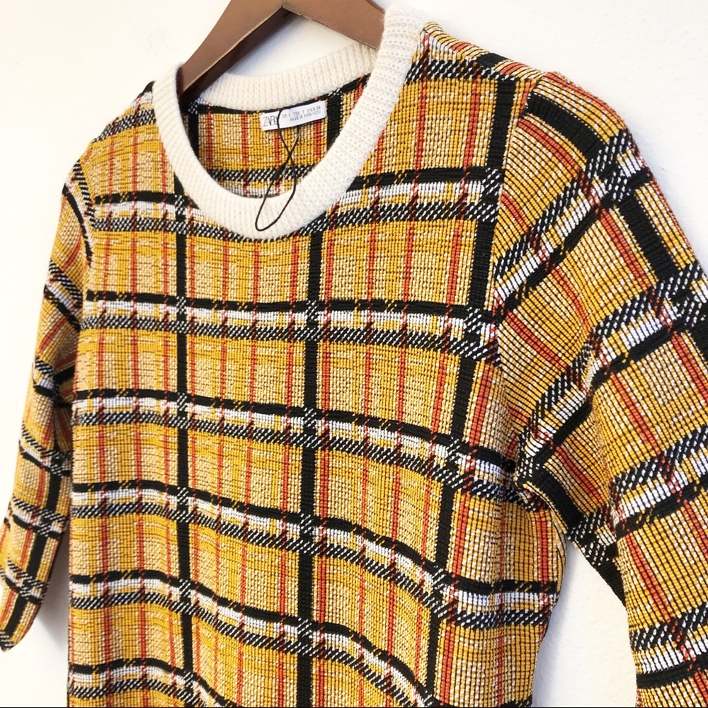 NWOT ZARA Plaid Harvest Crew Neck Knit Dress SZ S